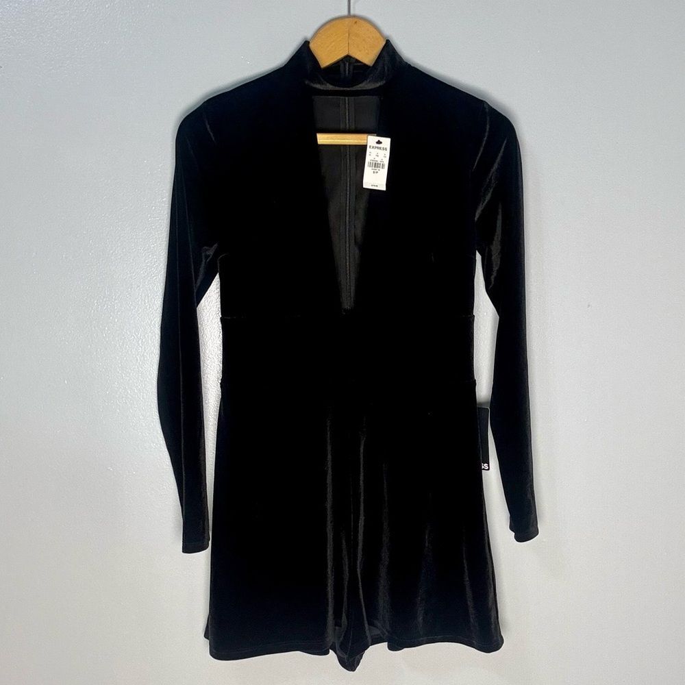NEW Express Black Velvet Romper Long Sleeve Plunge Neckline | S